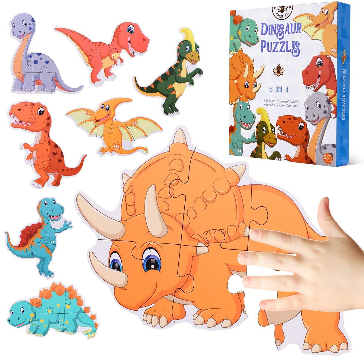 BEESTECH Beginner Dinosaur Puzzles for 2, 3, 4 Year Old Toddlers, 8 Pack Jigsaw Floor Puzzles, Educational Learning Puzzles for Toddlers, 8 Different Dinosaurs with Dinosaur World Map Beestech