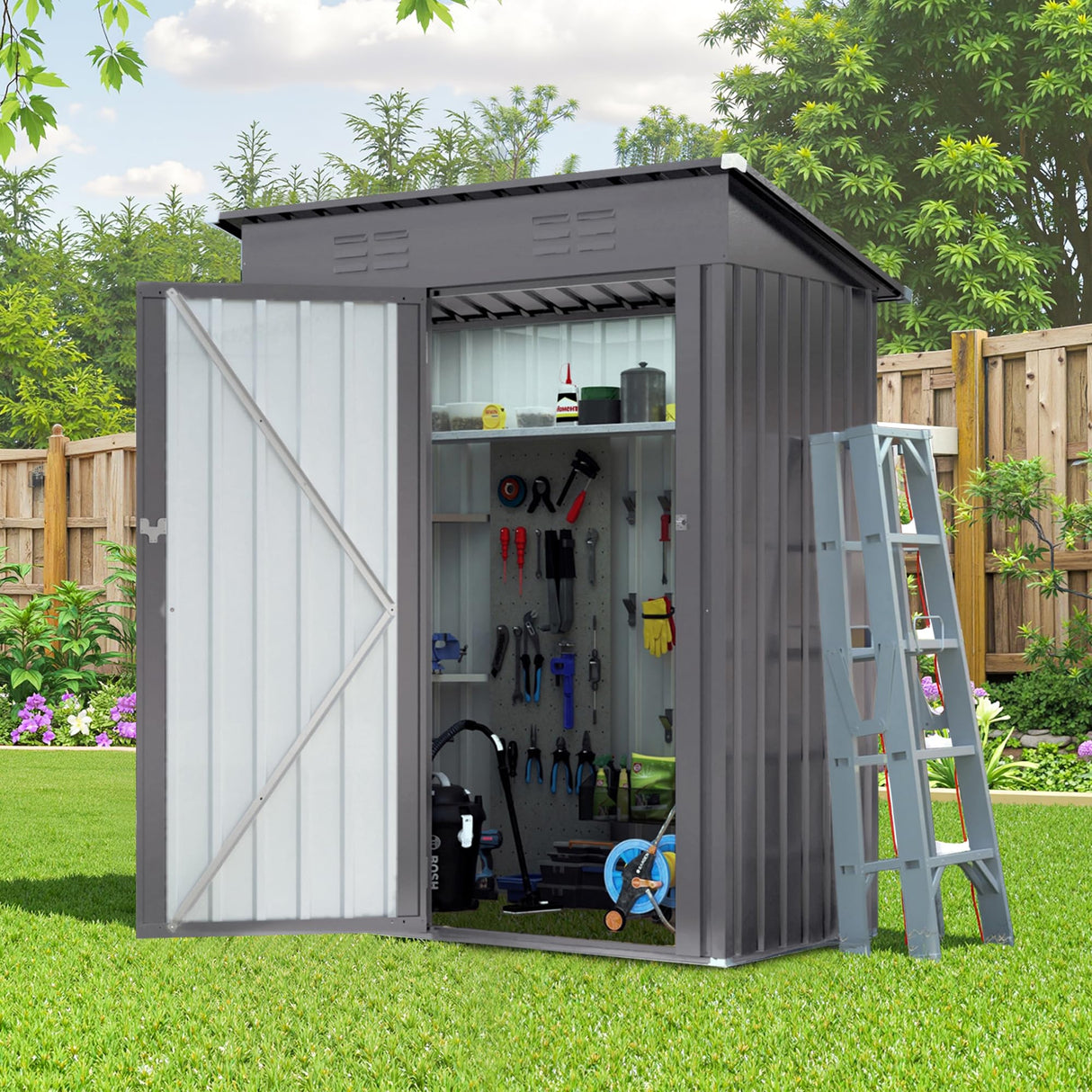 Lyngins 5X3 FT Outdoor Metal Storage Shed, Tool Shed with Pitched Roof and Lockable Door, Compact Garden Shed for Backyard Garden Patio Lawn, Gray Lyngins