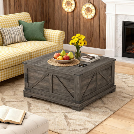 FiveWillowise Coffee Table with Storage, 31.5" W Farmhouse Lift Top Wood Square Center Table with Charging Station, Rustic Cocktail Tables with Flip Top Lids for Living Room, Home Office, Grey FiveWillowise