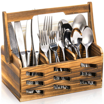 Noamus Silverware Caddy with Handle, 4 Compartments Wooden Flatware Utensil Holder, Cutlery Organizer Napkin Storage for Countertop, Kitchen Bathroom Bedroom, Farmhouse Decor, Party Camping Picnic