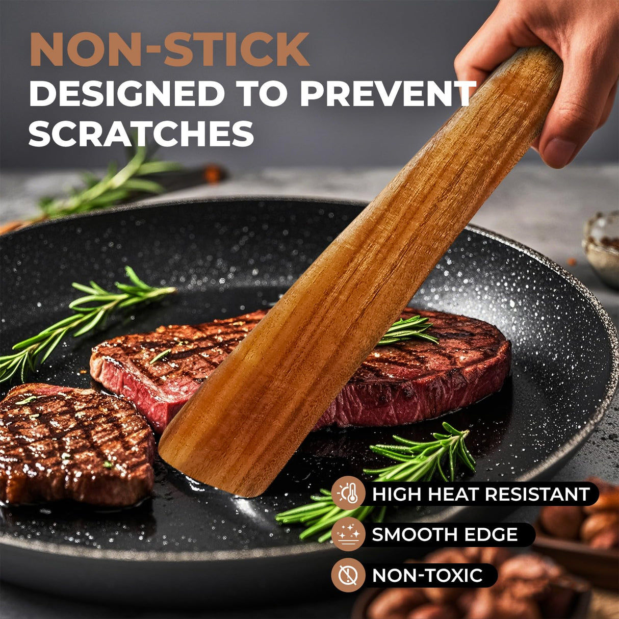 Natural Teak Wood Spatula for Cooking, 12 Inches Flat Wooden Turner, Small Wood Flippers Handmade for Nonstick Cookware Turning Flipping Serving and Scraping. Set of 2 AIUHI