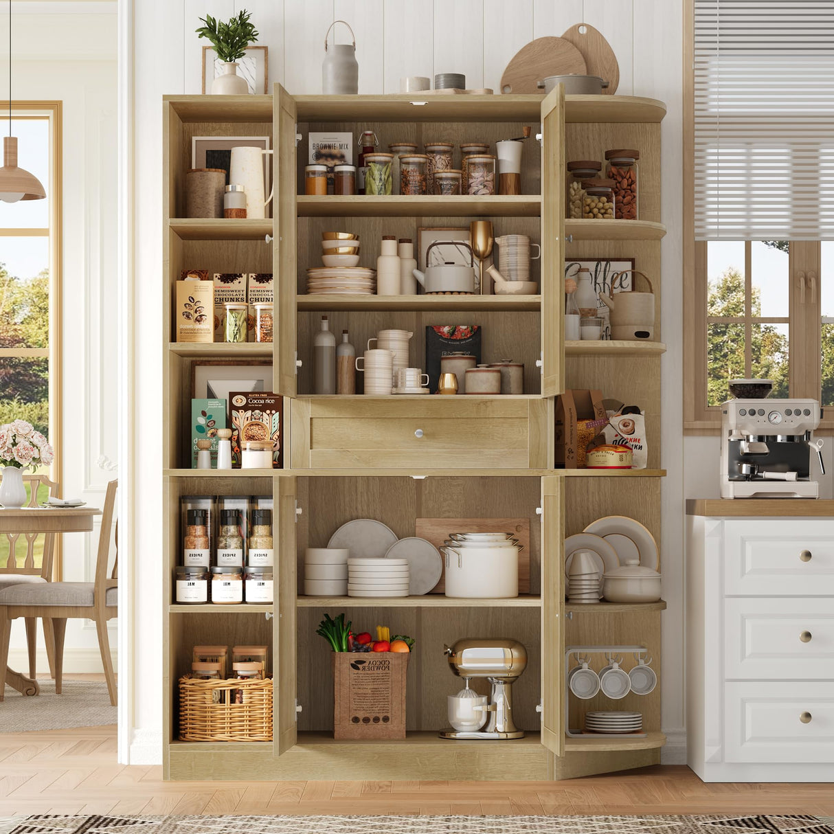 FACBOTALL 71" Tall Pantry Cabinet with Storage, 47'' Wide Freestanding Kitchen Cabinet with Doors & Shelves, Buffet Sideboard with Drawer, Cupboard for Kitchen, Dining Room, Utility Room, Light Oak FACBOTALL