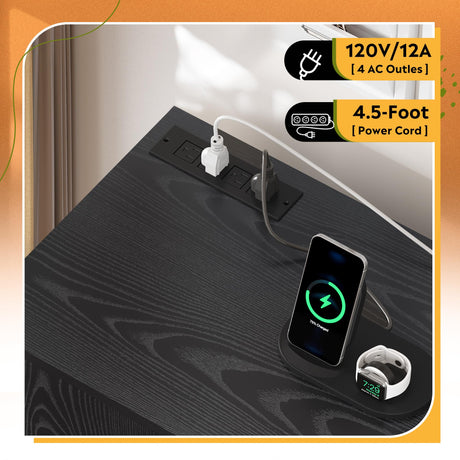 DEVAISE File Cabinet with Charging Station, 1-Drawer Lateral File Cabinets with Lock for Home Office, Wooden Rolling Printer Stand with Shelves, Black DEVAISE