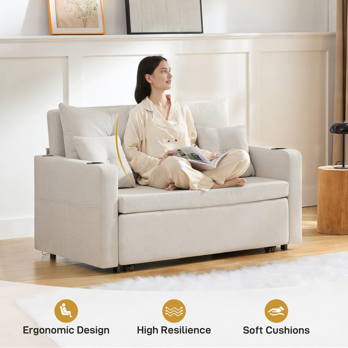 Busaurus 3 in 1 Convertible Sofa Bed, 56" Full Size Loveseat Sleeper Sofa Couch Bed, Sleeper Sofa Bed with Storage Pocket, USB, Comfy Pull Out Sofa Bed for Living Room, Bedroom, Small Space, Beige Busaurus