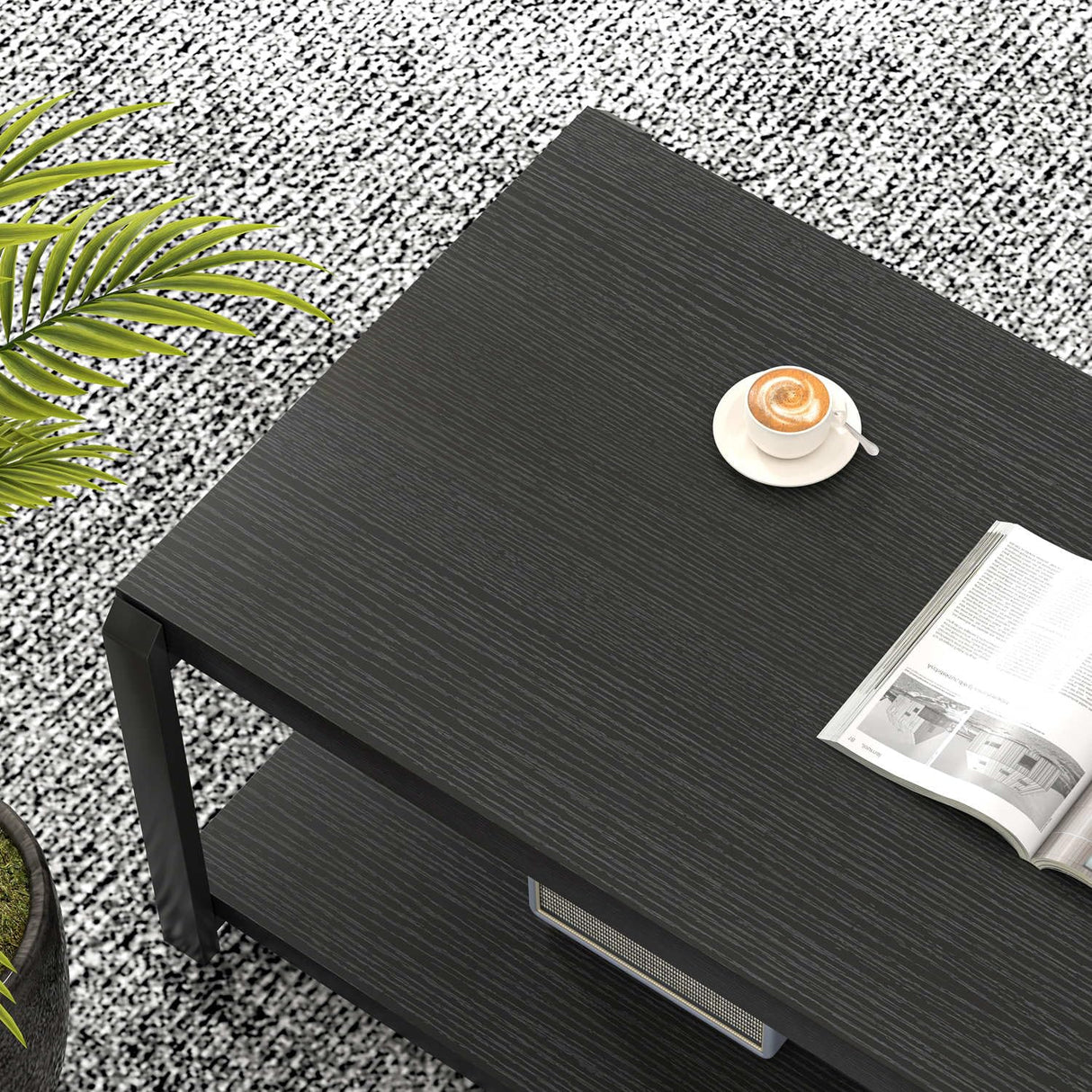 EXCEFUR Black Coffee Table, Modern Rustic Wood Center Table for Living Room, Industrial Rectangle Cocktail Tea Table with Storage Shelf EXCEFUR