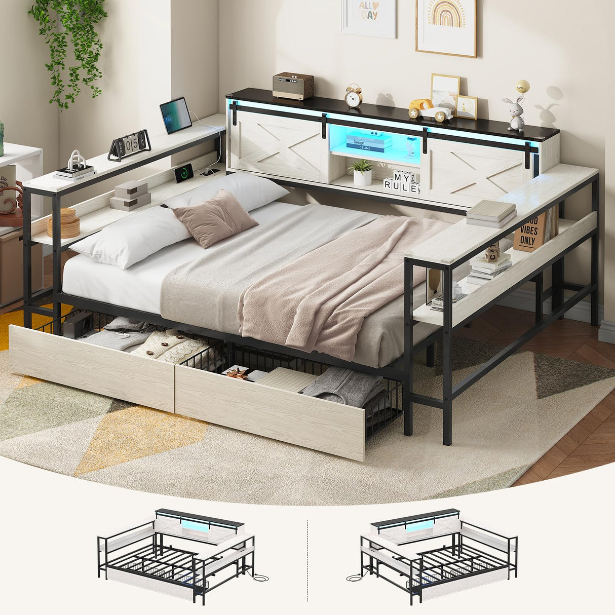 Hasuit Full Corner Bed with Drawers and Bookcase Storage Shelves, Full Daybed with Charging Station & LED Light, Farmhouse Wooden Bed Frame with Sliding Barn Doors, No Box Spring Needed, Black & White Hasuit