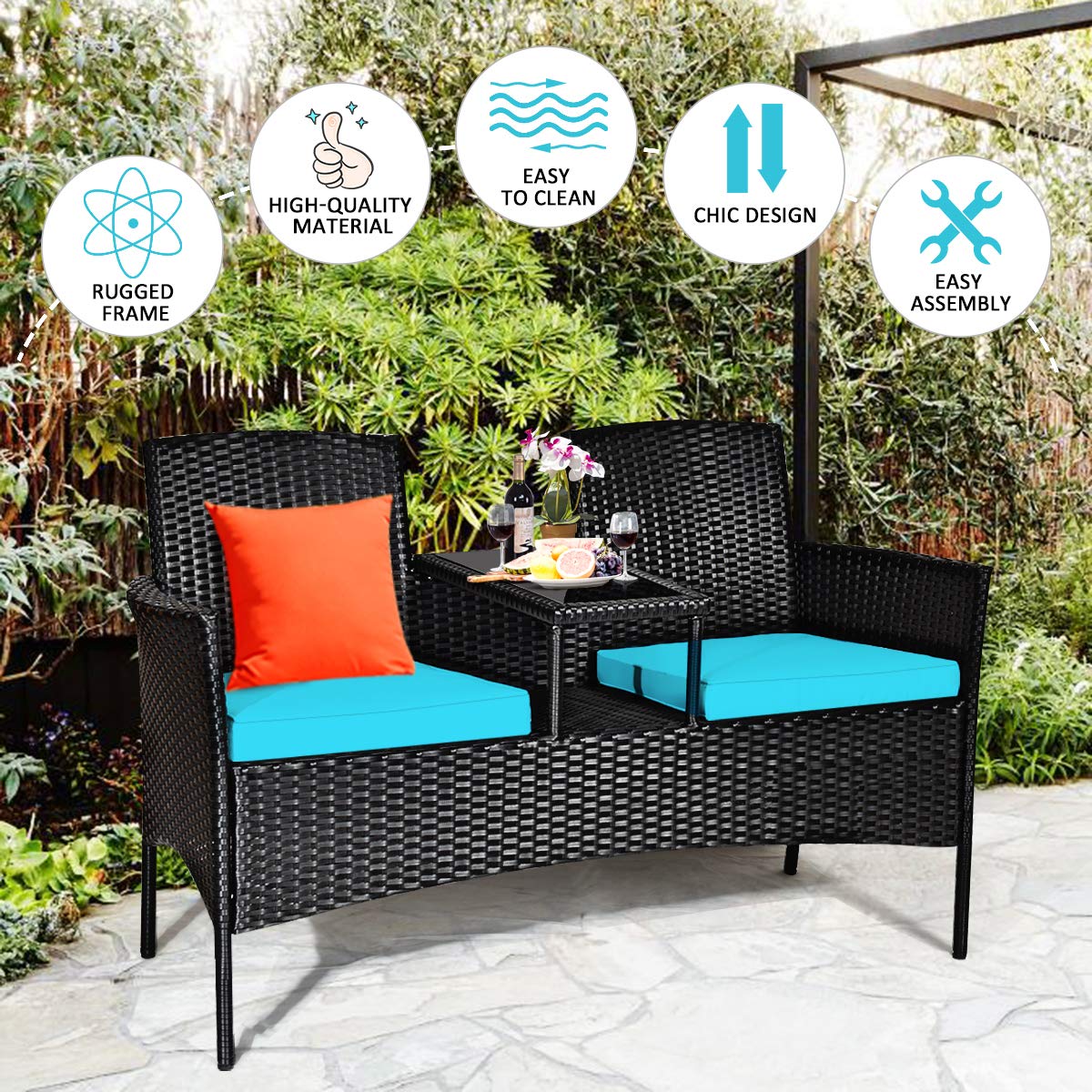 Tangkula Wicker Patio Conversation Furniture Set, Outdoor Furniture Set with Removable Cushions & Table, Tempered Glass Top, Modern Rattan Bench for Garden Lawn Backyard Tangkula