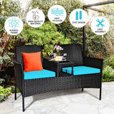 Tangkula Wicker Patio Conversation Furniture Set, Outdoor Furniture Set with Removable Cushions & Table, Tempered Glass Top, Modern Rattan Bench for Garden Lawn Backyard Tangkula