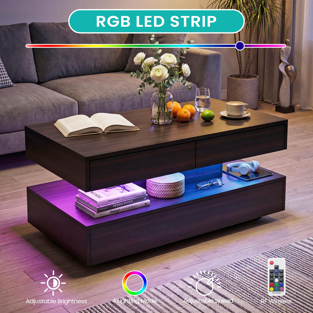 Coffee Table for Living Room, Modern Coffee Table with 2 Storage Drawers, 2 Tier Center Table Wood Coffee Tables with 20 Colors LED Lights, Mesa de Centro para Sala (Black and Brown) MWOOD