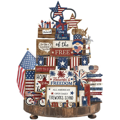 Seeloowy 26 Pcs 4th of July Patriotic Tiered Tray Decoration Independence Day USA Flag Wood Signs Rustic Wooden Tiered Tray Decorations for Labor Day Memorial Day Home Party (Cute Style)