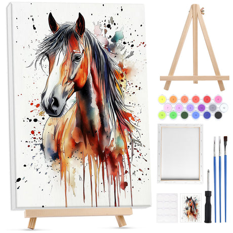 Bowetile Framed Paint by Numbers for Adults Beginners with Wooden Easel, Horse Adults' Paint-by-Number Kits on Canvas, Watercolor Acrylic Number Painting for Home Decor Birthday Gifts, 8x12in Bowetile