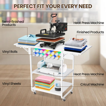 Rengue Heat Press Stand, 3 Tier Movable Heat Press Table for Heat Transfer Machine, Versatile Craft Table for Sublimation Printers with Cable Management Holes, Foldable Sides and Vinyl Rolls Holder