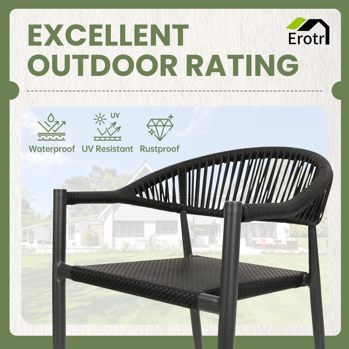 Erotr 8 Pcs Stackable Dining Chairs, Aluminum Rattan Outdoor Dining Chair with Arms, Woven Rope Patio Armchair Metal No Assembly for Bistro Garden Balcony Porch Deck Yard Cafe Restaurant, Black Erotr