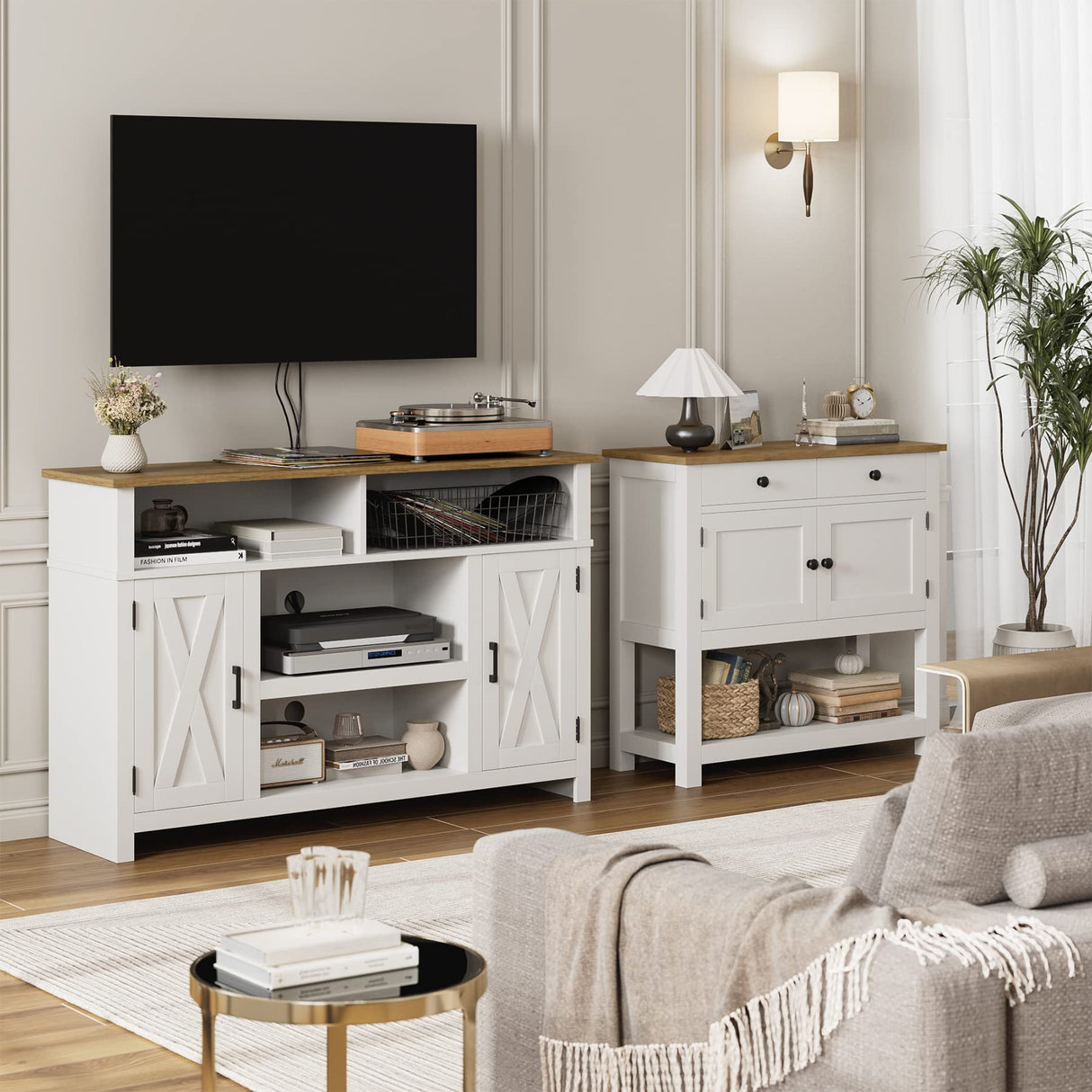 HOSTACK Barn Door TV Stand for TVs Up to 65", Modern Farmhouse Wood Entertainment Center, Media Console Table with Storage Cabinet & Adjustable Shelves, Buffet Sideboard for Dining Room, White HOSTACK