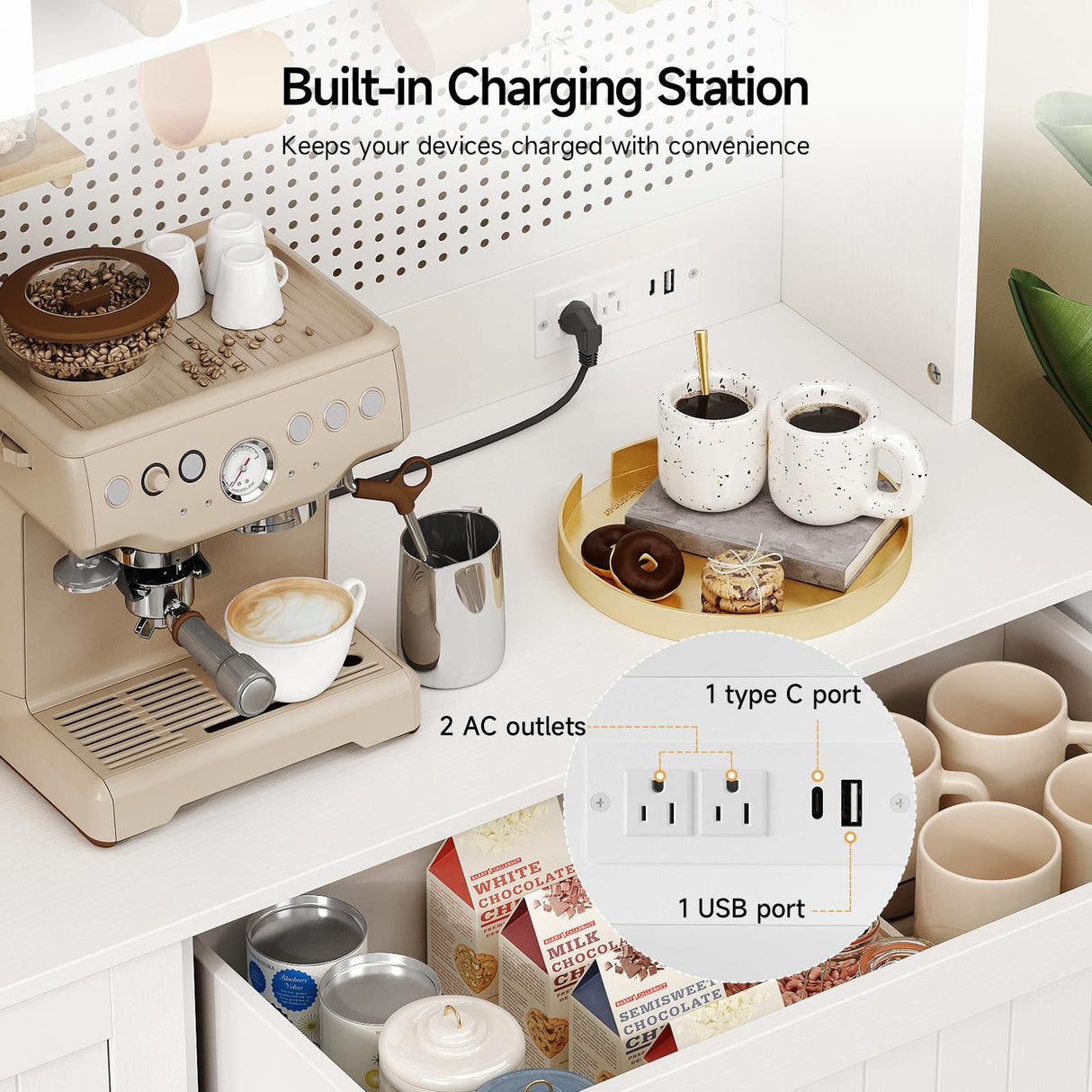 ONBRILL 71" Pantry Storage Cabinet with Microwave Shelf & Door Shelves, Kitchen Wood Pantry with Outlet & LED Light, Kitchen Hutch with DIY Pegboard & 6 Hook, Modern Cabinet with Drawer & Wine Rack ONBRILL