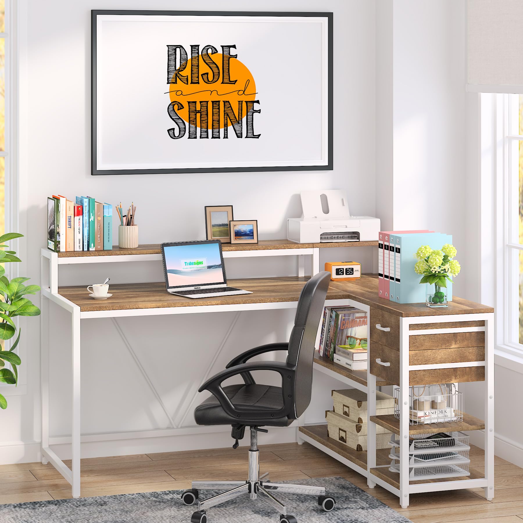 Tribesigns 55-Inch Reversible L-Shaped Desk with Drawers and Storage Shelves in Oak - WoodArtSupply