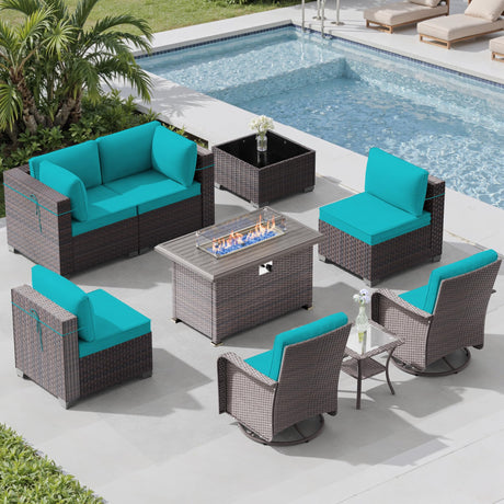 Trumbeak 9 Pieces Outdoor Patio Furniture Set with 43" 55000BTU Gas Propane Fire Pit Table & Swivel Rocking Chairs, PE Wicker Rattan Outdoor Sectional Patio Set, Outdoor Patio Conversation Set, Blue Trumbeak