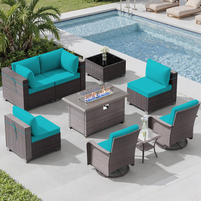 Trumbeak 9 Pieces Outdoor Patio Furniture Set with 43" 55000BTU Gas Propane Fire Pit Table & Swivel Rocking Chairs, PE Wicker Rattan Outdoor Sectional Patio Set, Outdoor Patio Conversation Set, Blue