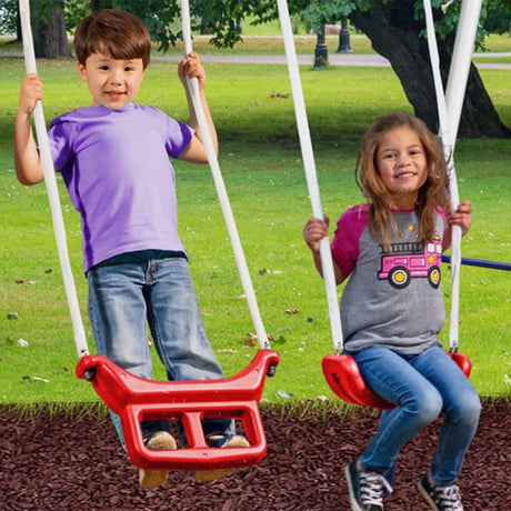 XDP Recreation Freedom Fun Metal A-Frame Kids Outdoor Swing Set 7 Child Capacity Backyard Playground Toy Set with Slide, 3 Swing Types, and See-Saw XDP RECREATION