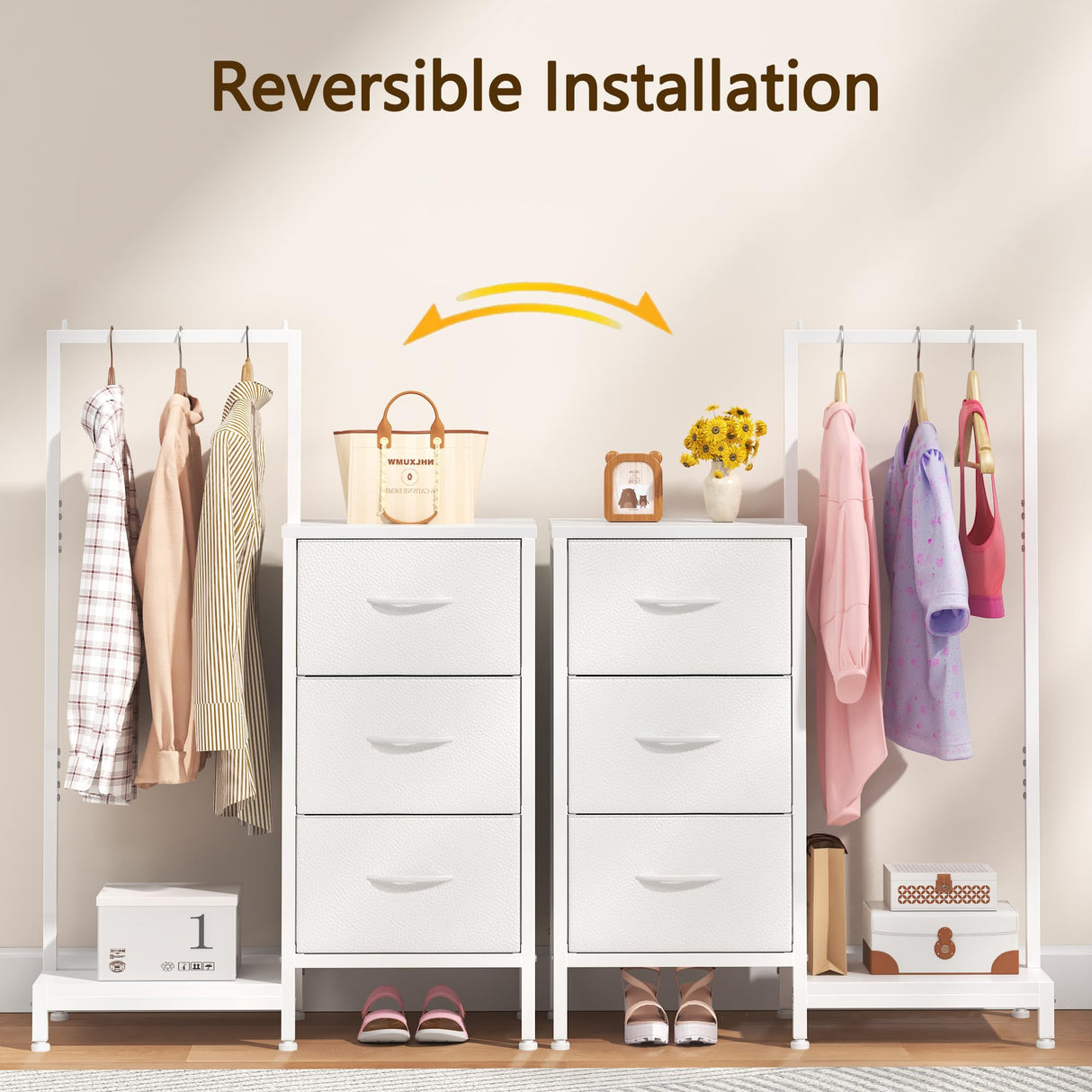 AFLUI Dresser for Bedroom with Hanging Rack, 3 Drawers Dresser for Bedroom - White AFLUI