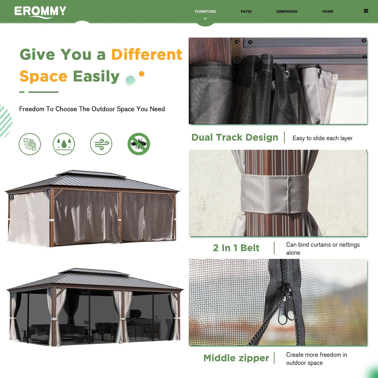 EROMMY 14' x 20' Hardtop Gazebo, Wooden Finish Coated Aluminum Frame Canopy with Double Galvanized Steel Roof, Outdoor Permanent Metal Pavilion with Curtains and Nettings for Patio,Garden, Backyard EROMMY