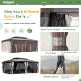 EROMMY 14' x 20' Hardtop Gazebo, Wooden Finish Coated Aluminum Frame Canopy with Double Galvanized Steel Roof, Outdoor Permanent Metal Pavilion with Curtains and Nettings for Patio,Garden, Backyard EROMMY