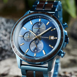 BOBO BIRD Men's Wooden Watch with Stainless Steel Wood Strap, Japanese Quartz Movement, Multi-Functional Chronograph Watch for Business and Daily Wear (Bule) BOBO BIRD