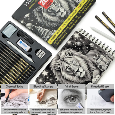 MARTCOLOR Drawing Sketching Pencil Set, 20 Pieces, Graphite Pencils (14B-4H), Charcoal Sticks, Stump, Eraser, Sharpeners, Ideal for Drawing Art, Sketching, Artist Pencils for Beginners & Pro Artists MARTCOLOR