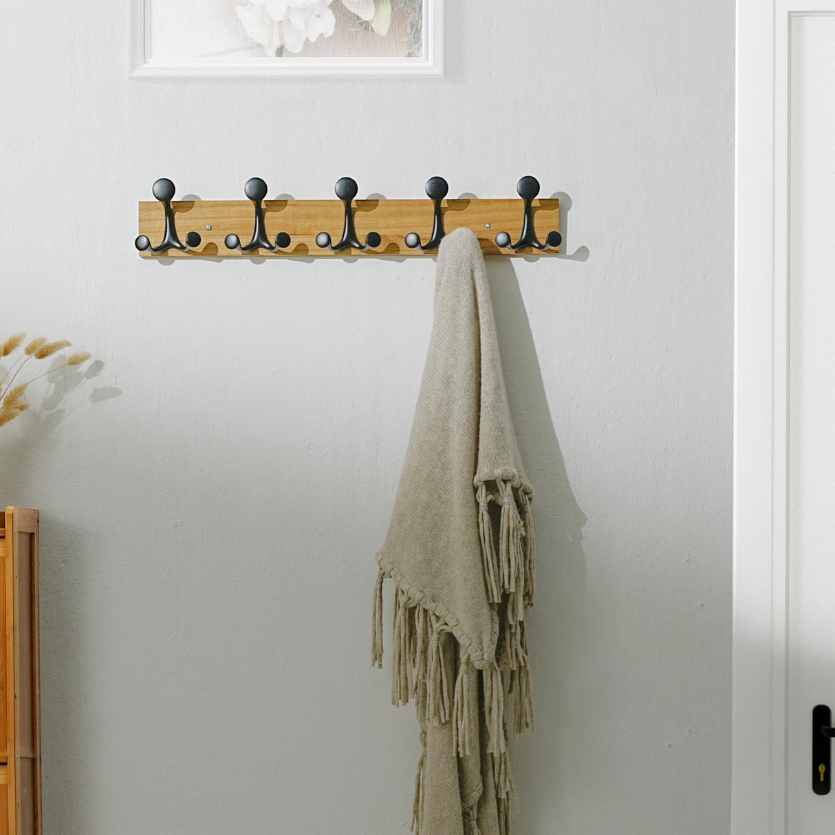 SKOLOO 24-Inch Light Brown Wood Coat Rack Wall Mount with 5 Triple Hooks - Ideal for Family Entrances, Classrooms, and Pet Supplies Storage - Perfect Coat Hooks for Wall SKOLOO