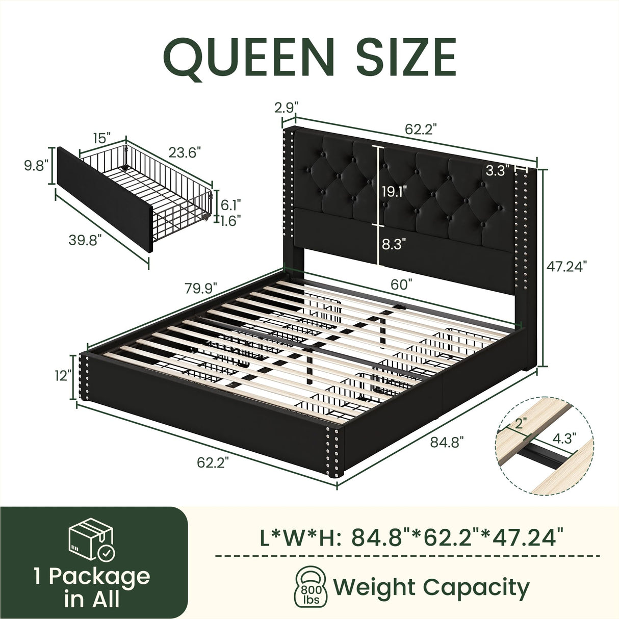 LARMACE Queen Size Upholstered Bed Frame with Storage Velvet Platform Tufted Bed Frame with 4 Drawers and Headboard, Wood Slats Support, Easy Assembly, Noise-Free, Black LARMACE