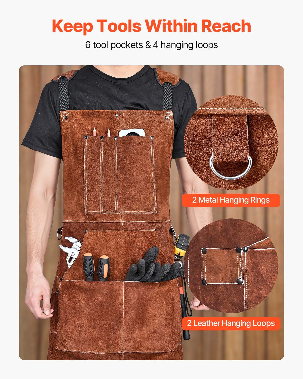 VEVOR Leather Welding Work Apron, Heavy Duty Cowhide Flame Resistant Welding Apron, Heat-Resistant Blacksmith Welder Aprons with 6 Tool Pockets for Woodworking, Gardening, BBQ VEVOR