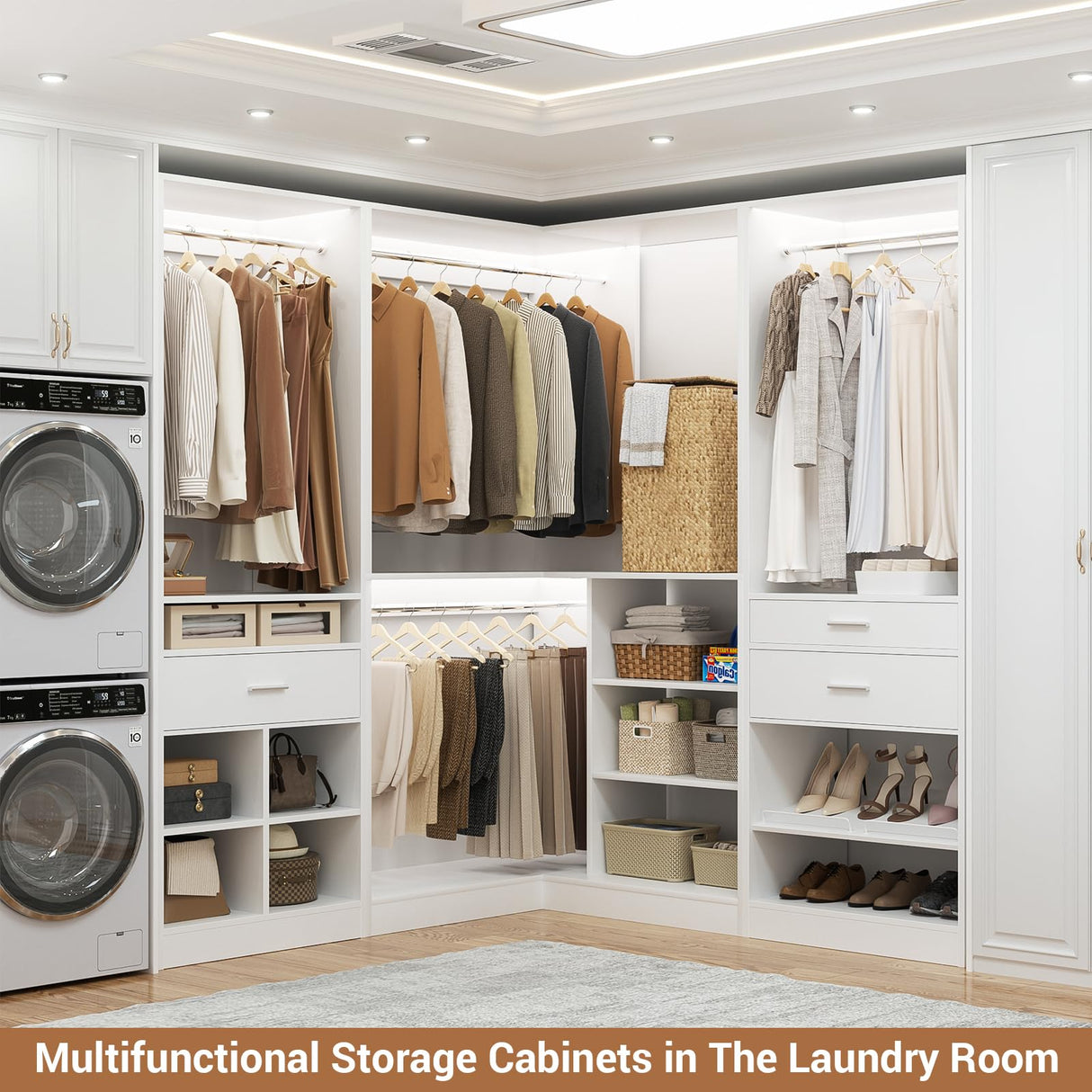 Unikito 86” Corner Closet System, Modular Closets Organizer with 4 Hanging Rods and Storage Shelves, Freestanding Adjustable Wood Clothes Garment Rack with Drawers, Sturdy Walk in Closet Tower, White Unikito