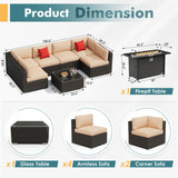 Patiomore 8-Pieces Outdoor Patio Furniture Sets,45”Propane Gas Fire Pit Table， All-Weather Black Brown Wicker Rattan Sectional Sofa, Washable Seat Cushion(Beige) Patiomore