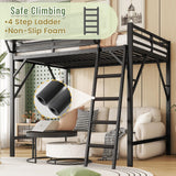 Queen Size Loft Bed with Storage Shelves & Soft Foam Ladder, Metal High Loft Bed with Large Under-Bed Space & Guardrail, Heavy-Duty Modern Beds for Adults Teens and Kids, No Box Spring Needed, Black Aurnienofus