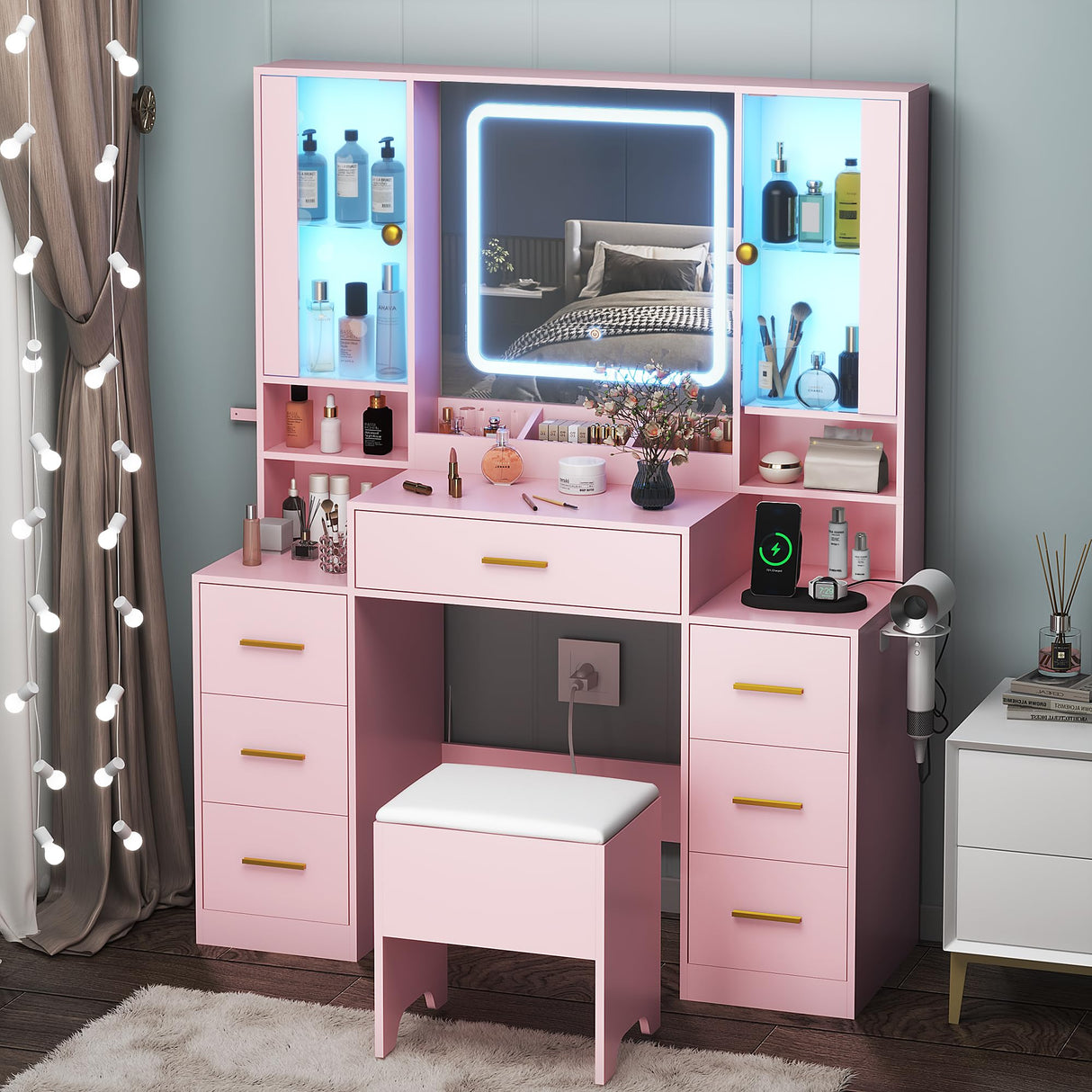 HUANLEGO Makeup Vanity Desk with Mirror and Lights, Pink Vanity Mirror with Lights Desk with Chair & LED Glass Cabinet, Vanity Set with Lighted Mirror & Power Outlet, Dressing Table with 7 Drawers HUANLEGO