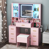 HUANLEGO Makeup Vanity Desk with Mirror and Lights, Pink Vanity Mirror with Lights Desk with Chair & LED Glass Cabinet, Vanity Set with Lighted Mirror & Power Outlet, Dressing Table with 7 Drawers HUANLEGO