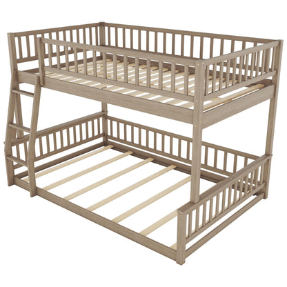 Full XL over Queen Solid Wood Bunk Bed for Kids and Adults - Detachable Low Bunk Bed with Inclined Ladder in Walnut - WoodArtSupply