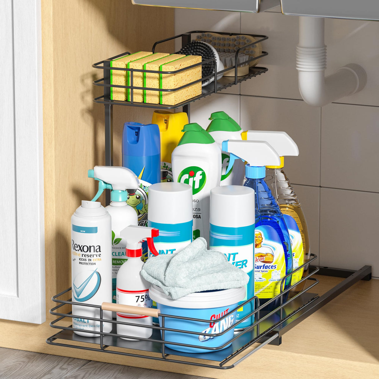 LAMU Under Sink Organizers and Storage, 2 Tier Bathroom Kitchen Cabinet Organizers, Pull Out Under Sink Storage Kitchen Shelf Organizer for Under Counter Storage LAMU