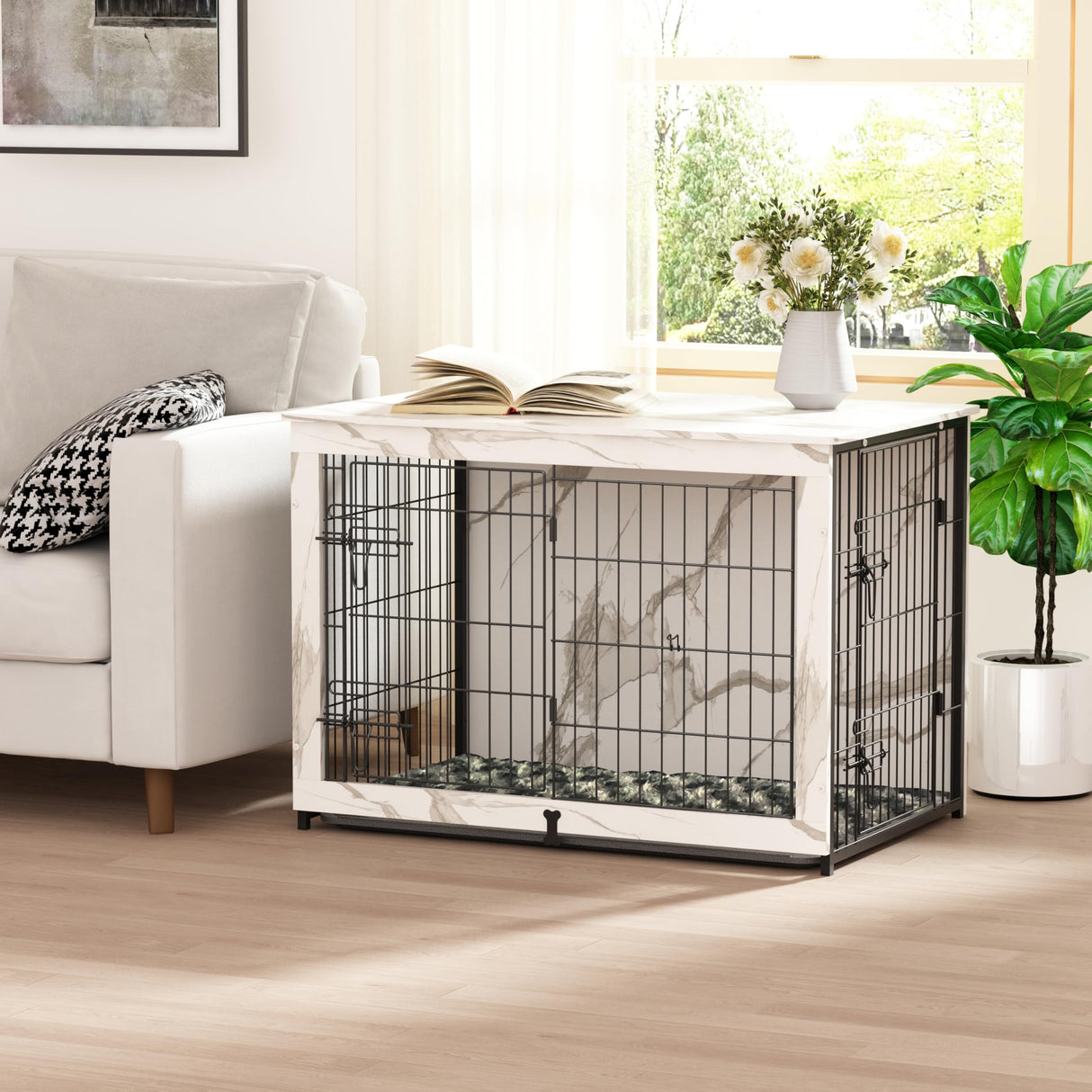 Megidok Wooden Dog Crate Furniture with Cushion,Large Dog Crate End Table with Tray, Double Doors Kennels Indoor (37" L*25" W*26" H, Marble White) Megidok