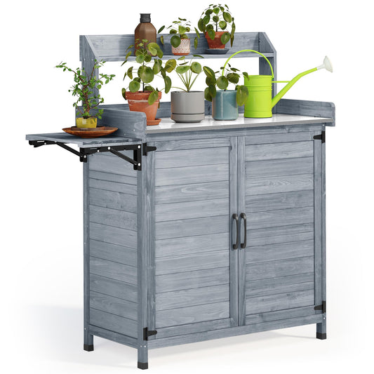 YITAHOME Potting Bench Table, Outdoor Cabinets Weatherproof with Metal Tabletop, Foldable Pallet, Black Hooks, and Removable Shelf of The Cabinet, Outside Storage, Work Station Table, Grey