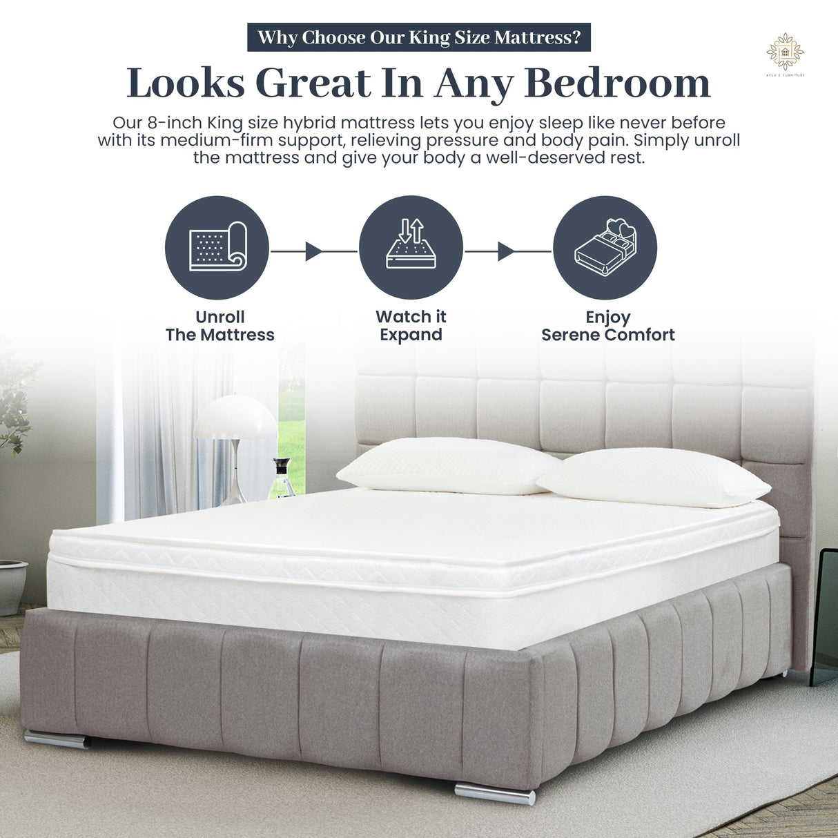 Aylas Furniture King Size Mattress- 8 Inch Hybrid King Mattress with High Density & Comfort Cold Foam with Continuous Coil Bonnell Springs - Eco-Friendly, Breathable King Bed Mattress Medium Firmness Aylas Furniture