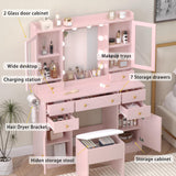 Wodeer Vanity Desk with Lighted Mirror & Power Strip,Makeup Vanity Table with RGB LED Lights & Chair,White Dressing Table Set with 7 Drawers & 2 Cabinet for Girls Women Bedroom & Dressing Room,Pink Wodeer