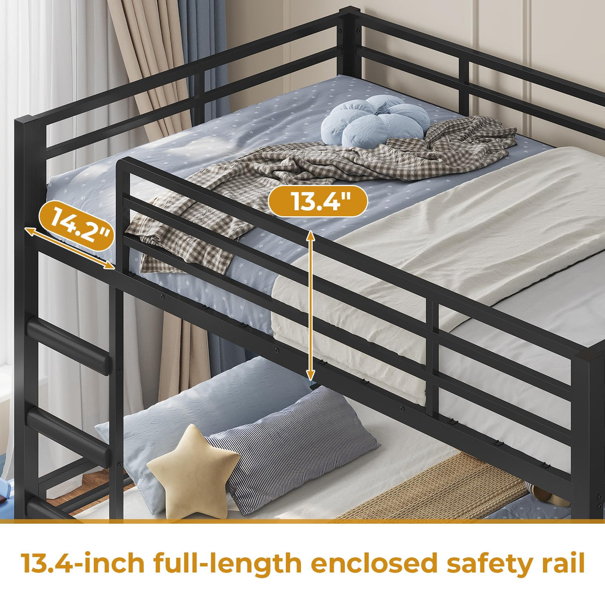 ADORNEVE Low Bunk Bed Twin Over Twin with Storage Bookshelves, 2 Drawers & Power Outlet, LED Metal Floor Bunk with Full-Length Guardrail & Metal Slats, No Box Spring Needed, for Kids, Black ADORNEVE