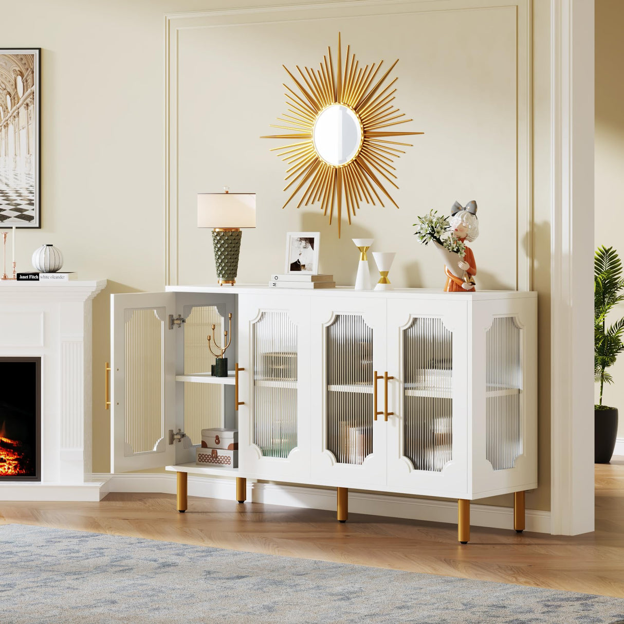 Tribesigns 55" Accent Cabinet with 4 Doors and Shelves, Modern Credenza Storage Cabinet with Acrylic Glass Doors, White Display Cabinet for Living Room, Bedroom, Kitchen, Dining Room, Hallway Tribesigns