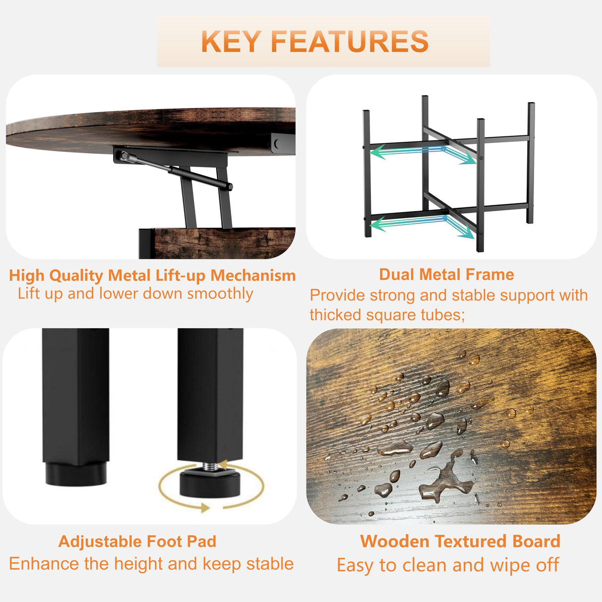 Ablefurn 26.77” Round Lift Top Coffee Table with Hidden Compartment and Adjustable Foot Pad,Rustic Central Table Dining Table with Lift Tabletop and Open Shelf for Home Living Room, Office, Brown Ablefurn