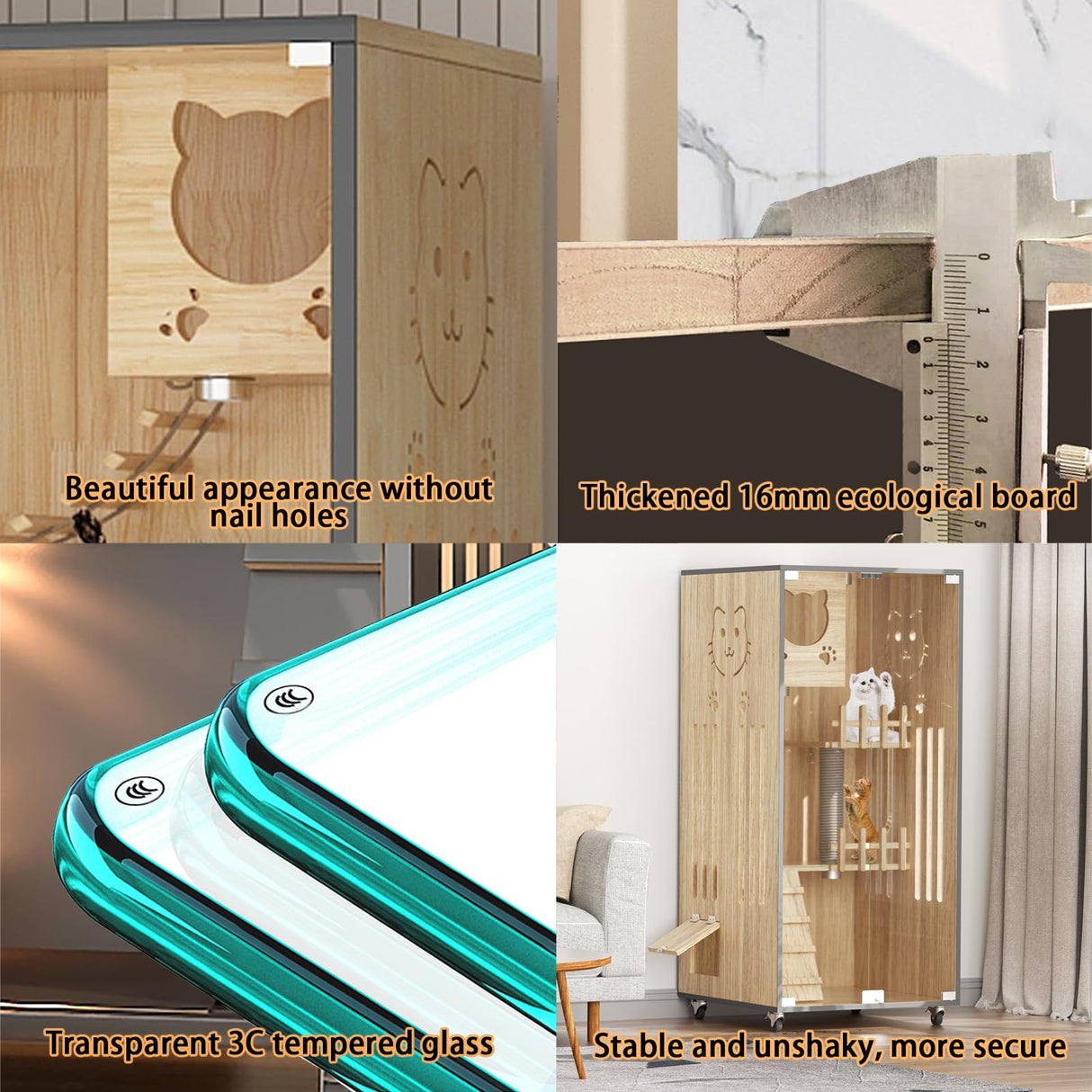 Wooden Cat House Large Space Cat Cage with Scratching Post, Wooden Indoor/Outdoor Cat Enclosure with Wheels, Multi-Feature Luxury Cat Villa for Indoor Cats Ventilation Glass Doors,50" X 24" X 24" HUATOL