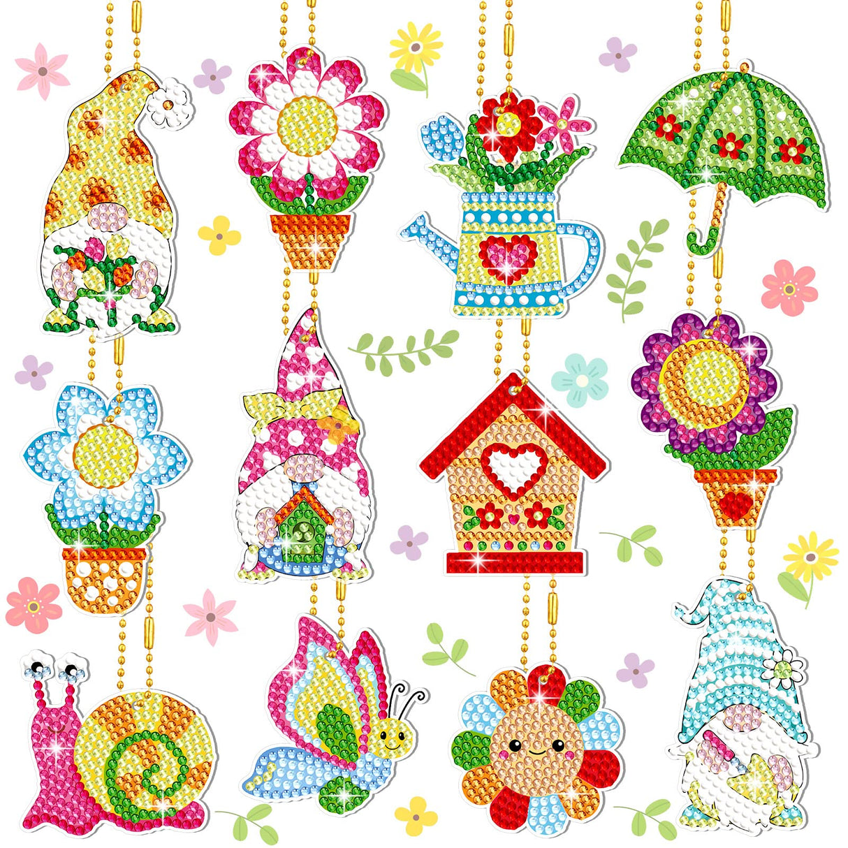 12 Pieces Spring Diamond Painting Keychain 5D DIY Diamond Painting Kit Spring Hanging Diamond Art Kits Flower Gnome Butterfly Spring Ornaments for Kids Crafts Family Decor Ferraycle