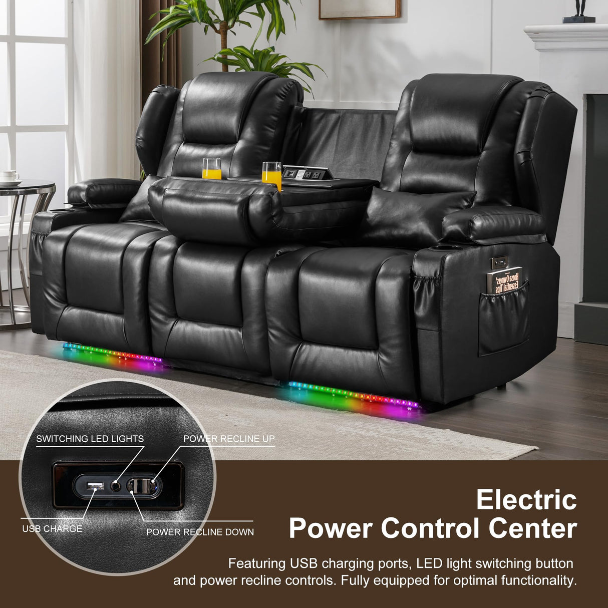 DRMBOOK RV Power Loveseat Recliner Sofa, Faux Leather 3-Seater Wall Hugger Reclining Sofa, Home Theater Seating Chair with Cup Holders, 3 Person Couch RV Furniture for Living Room, Black DRMBOOK