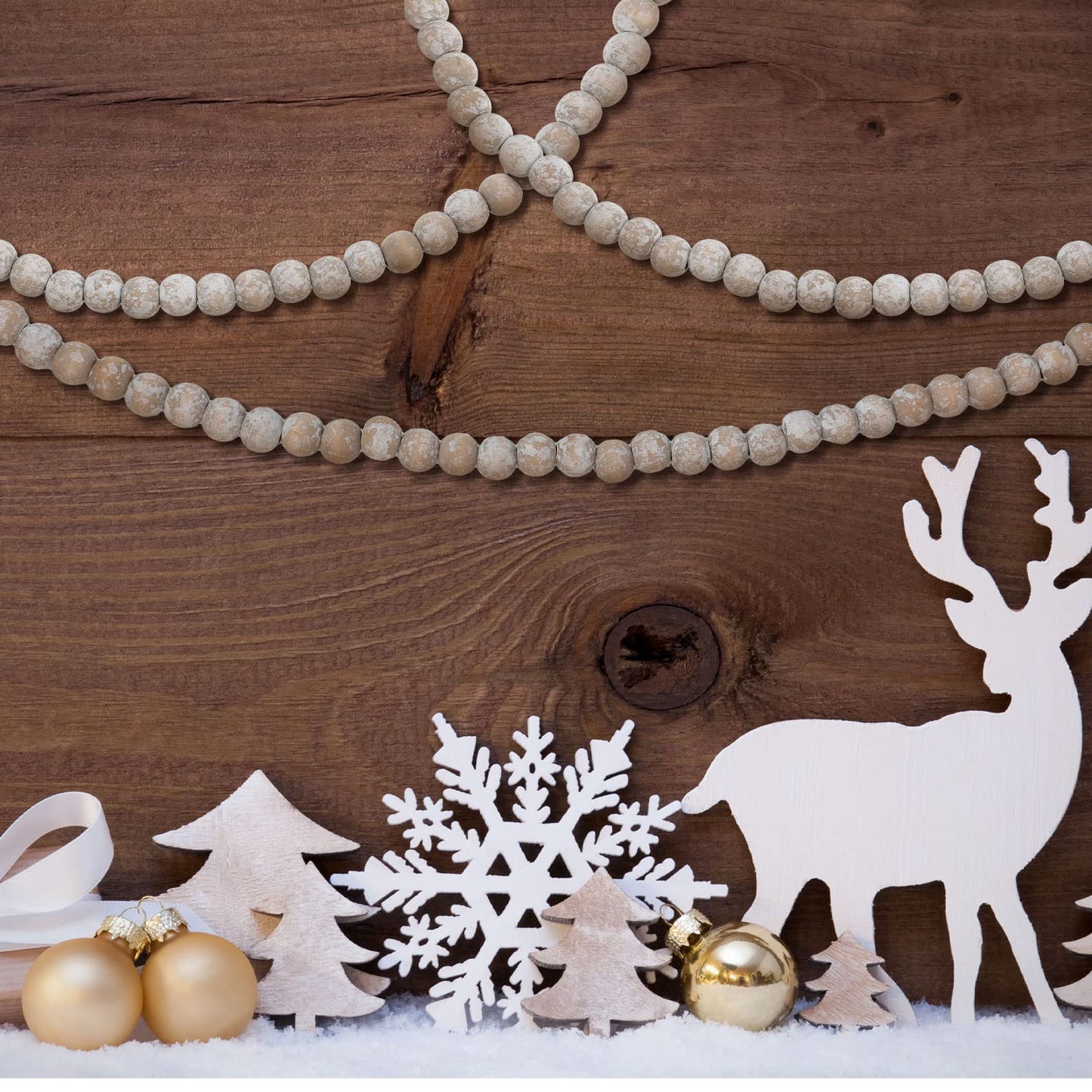 Christmas Wooden Bead Garland Wood Bead Garland Christmas Tree Decorations for Christmas Holiday Favors, 12 Feet (Retro White)