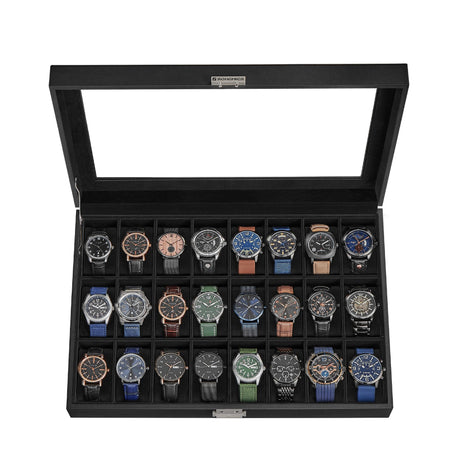 SONGMICS Watch Box, 24-Slot Watch Case, Lockable Watch Storage Box with Glass Lid, Gift Idea, Ink Black Synthetic Leather, Ink Black Lining UJWB024B02 SONGMICS